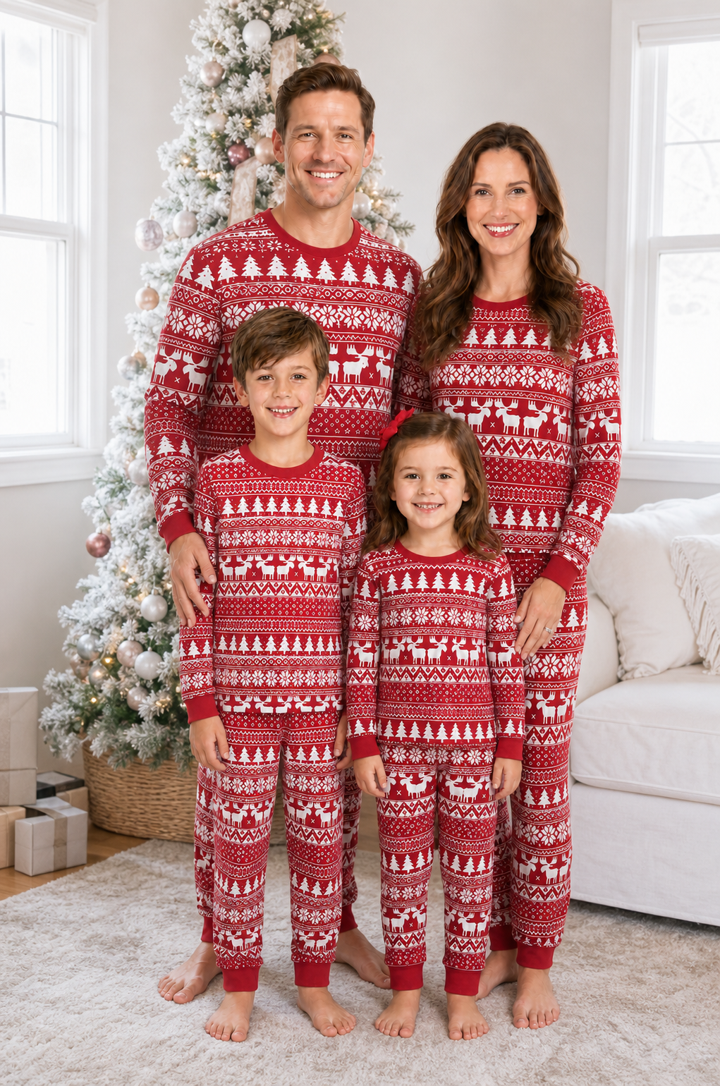 Family standing beside a snowy Christmas tree in matching red pajamas with white Fair Isle reindeer and tree patterns.
