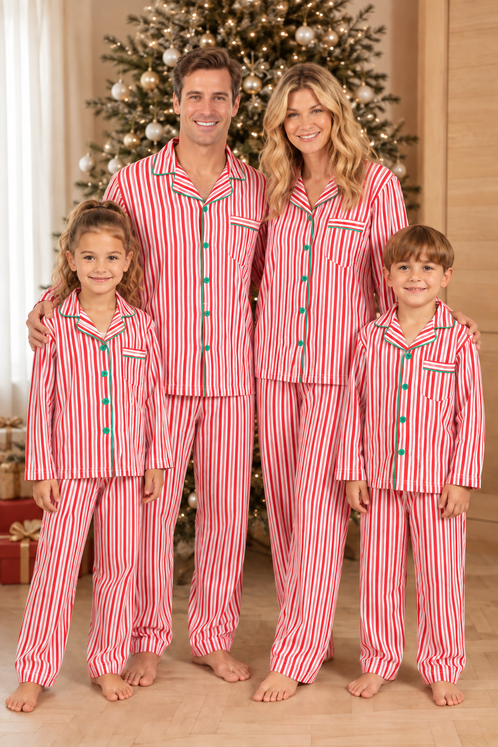 Family standing by a Christmas tree in red and white vertical-striped button-up pajamas with green trim.