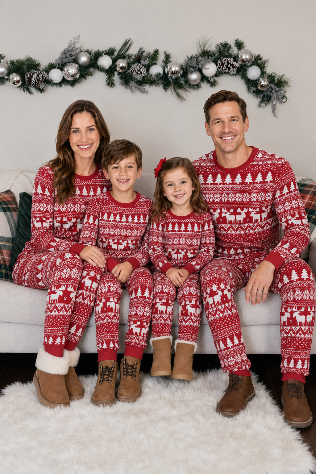 Family sitting on a sofa beneath a garland in matching red and white Fair Isle Christmas pajamas and winter boots.