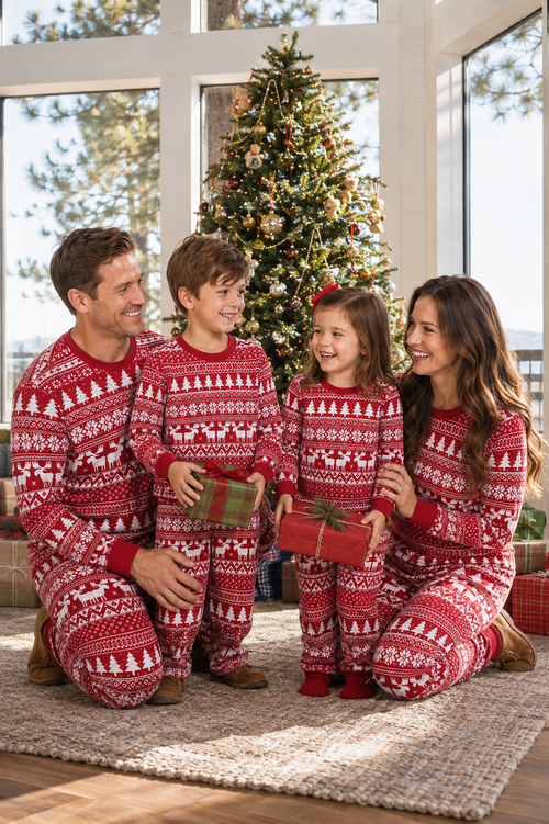 Family sitting on a rug holding gifts in red and white Fair Isle Christmas pajamas beside a decorated tree.