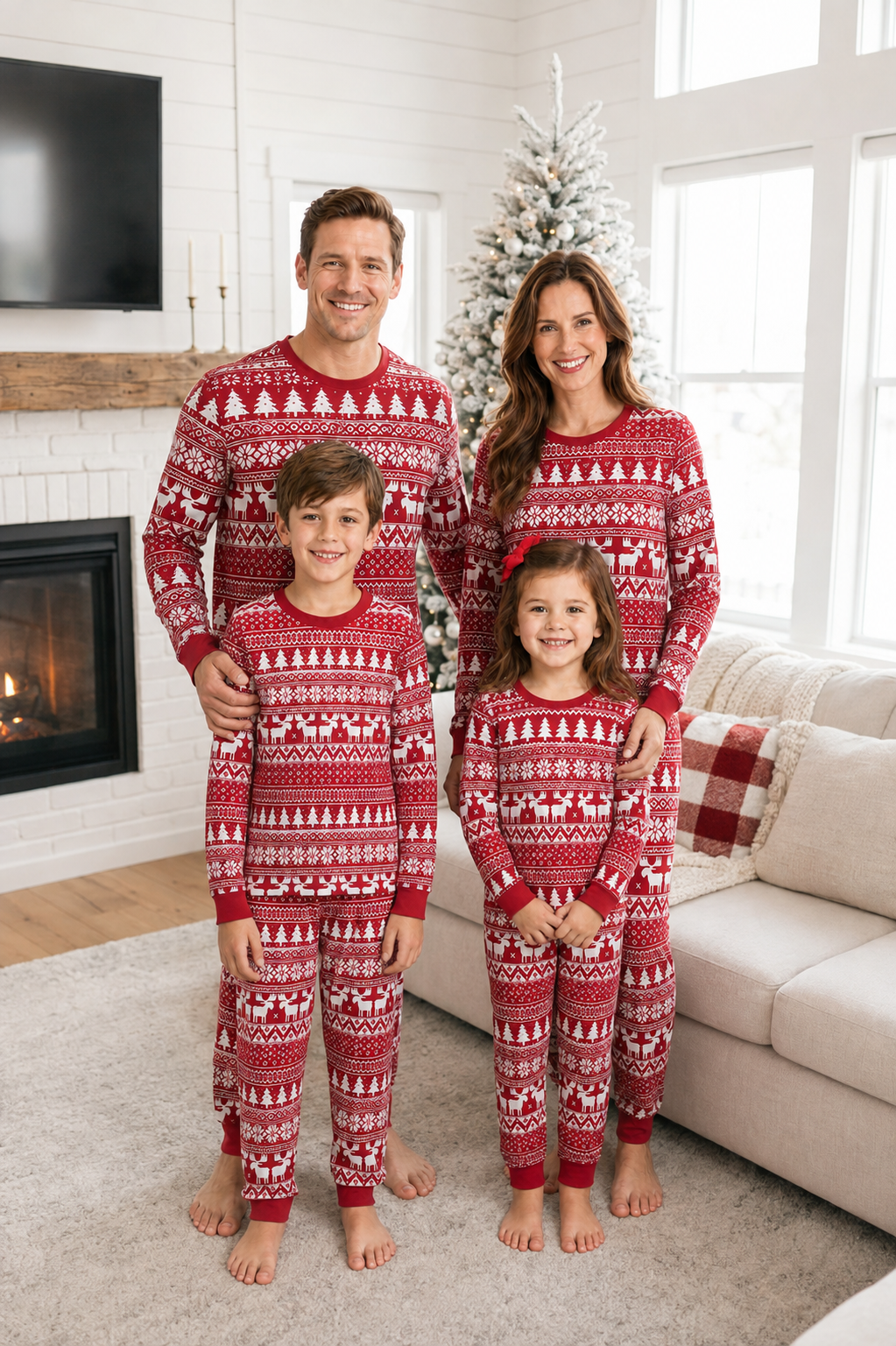 Family standing in a bright living room in red and white Fair Isle Christmas pajamas, with a tree and fireplace behind.