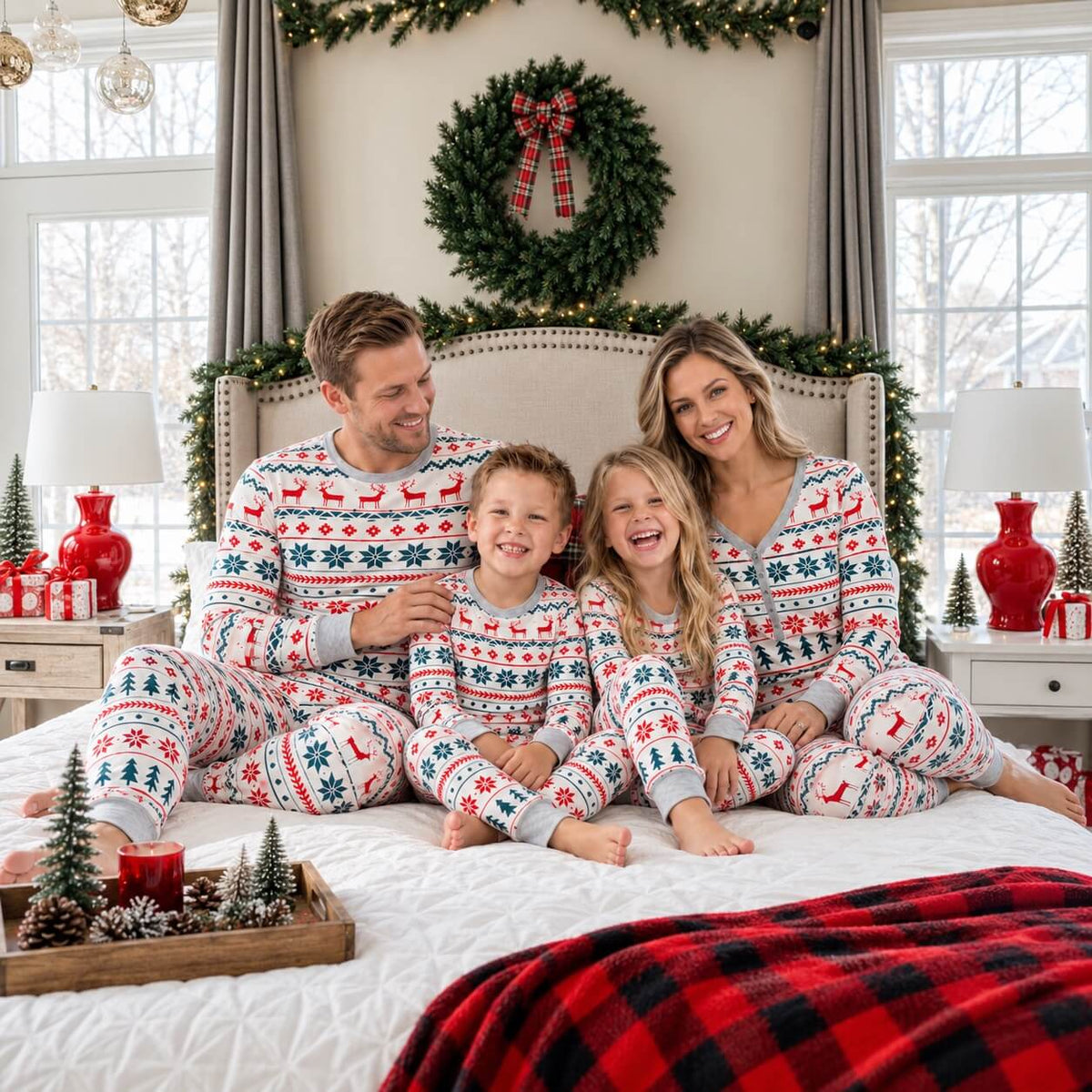 Family of four sitting on a bed beneath a Christmas wreath in matching Fair Isle holiday pajamas.