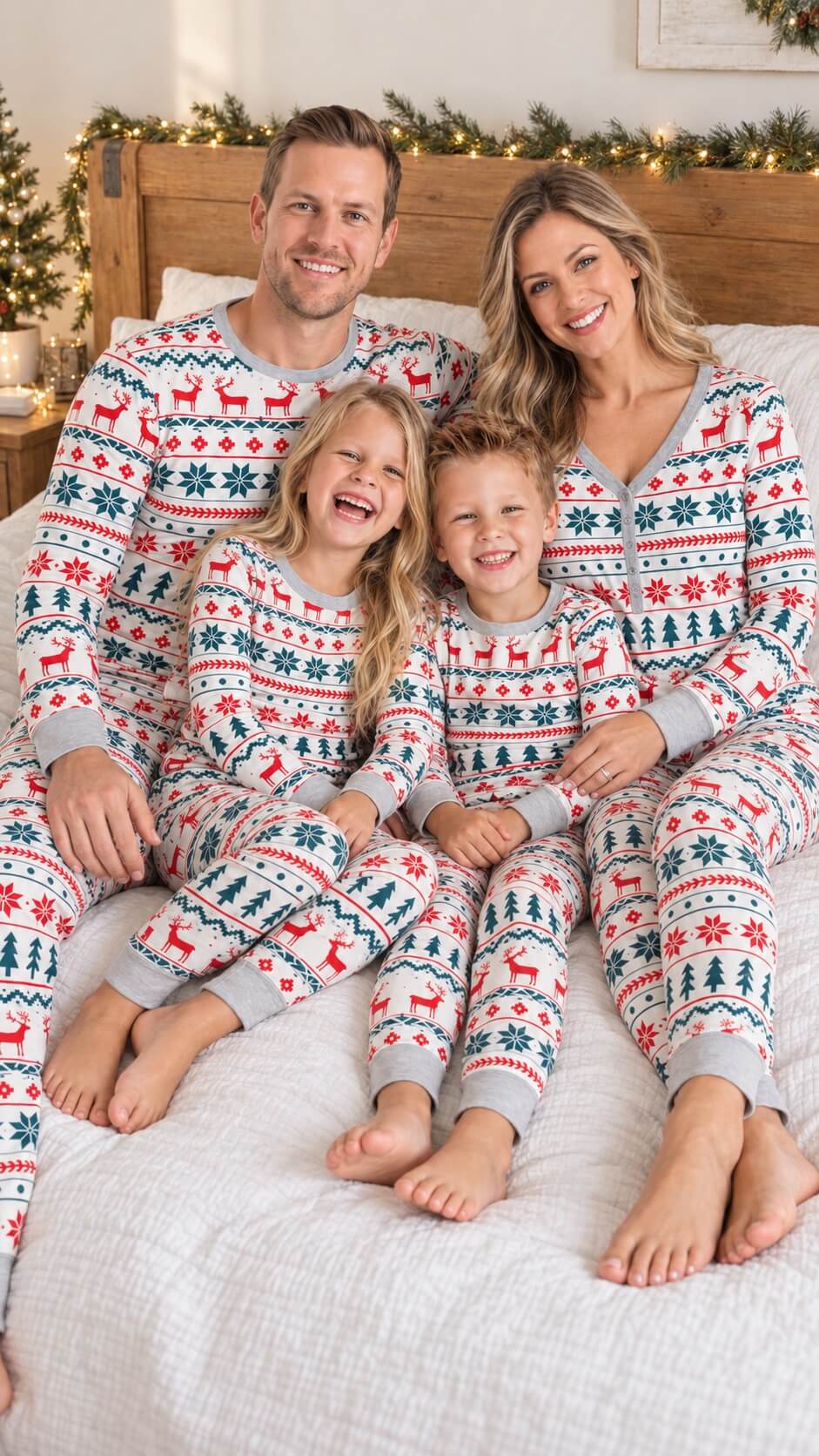 Parents and two children laughing together on a bed in matching reindeer and snowflake Christmas pajamas.