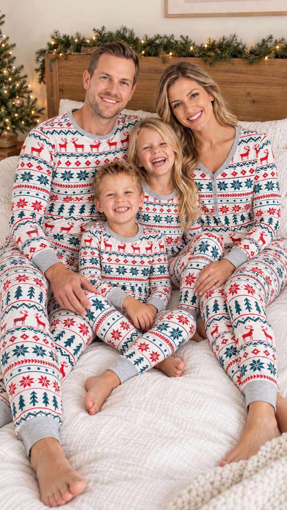 Parents and two children sitting together on a bed in matching red, green and white Fair Isle Christmas pajamas.