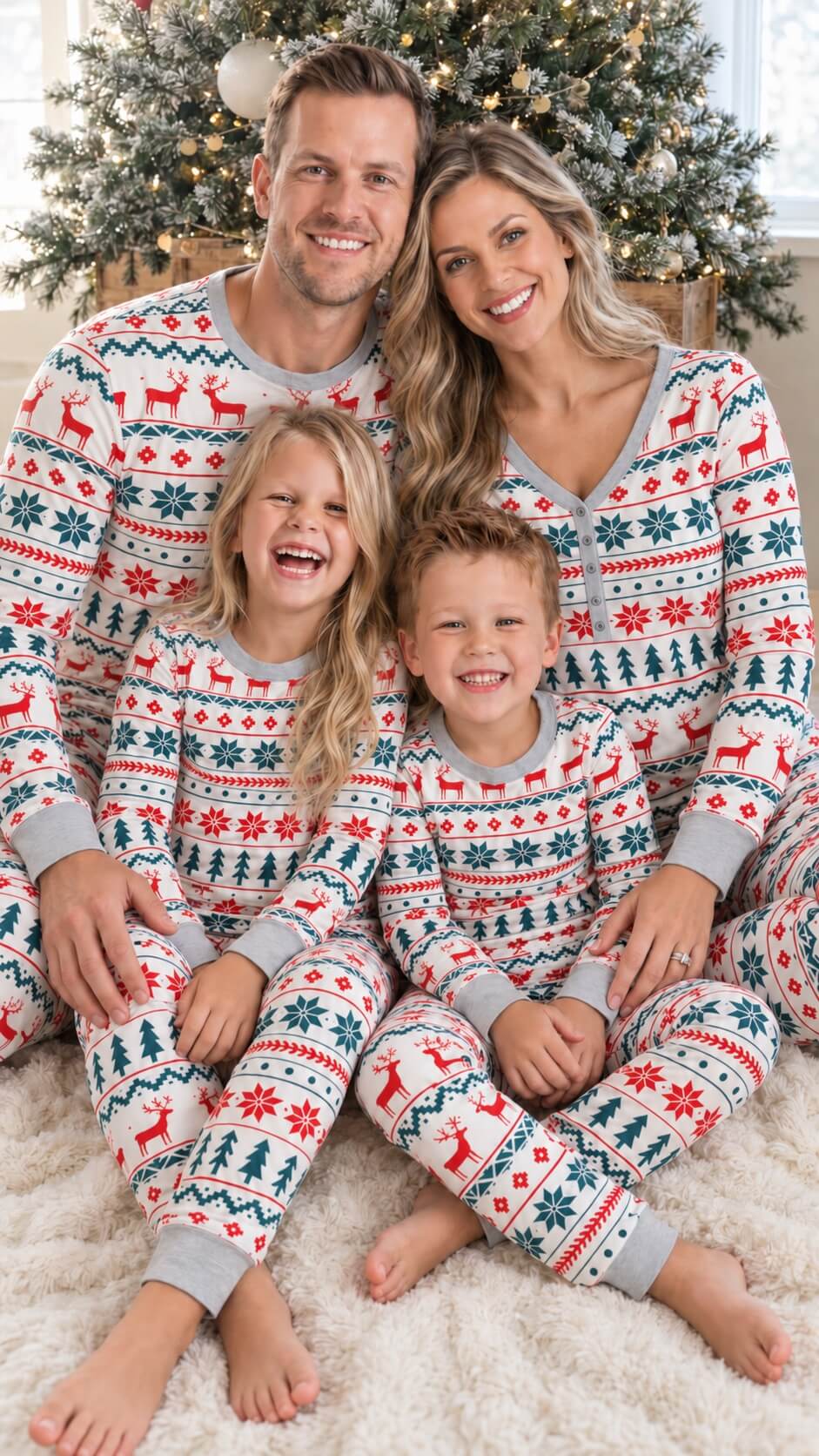 Family portrait beside a Christmas tree showing matching red, green and white Fair Isle pajama sets.