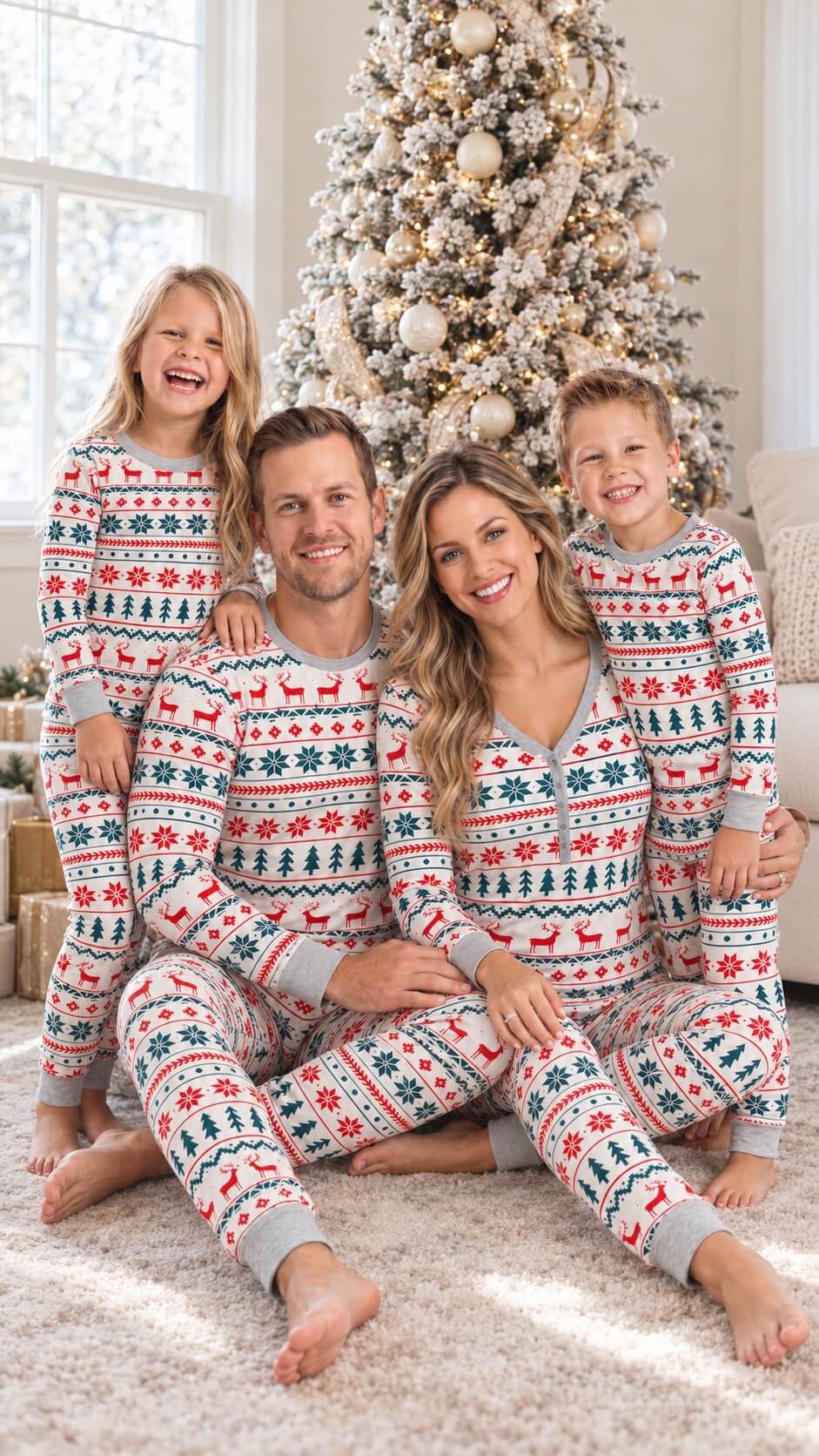 Family of four sitting in front of a decorated Christmas tree in matching reindeer and snowflake pajamas.