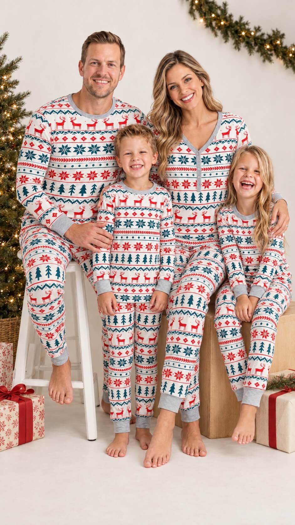 Family of four wearing matching white Christmas pajamas with red reindeer and green snowflakes beside holiday garlands.