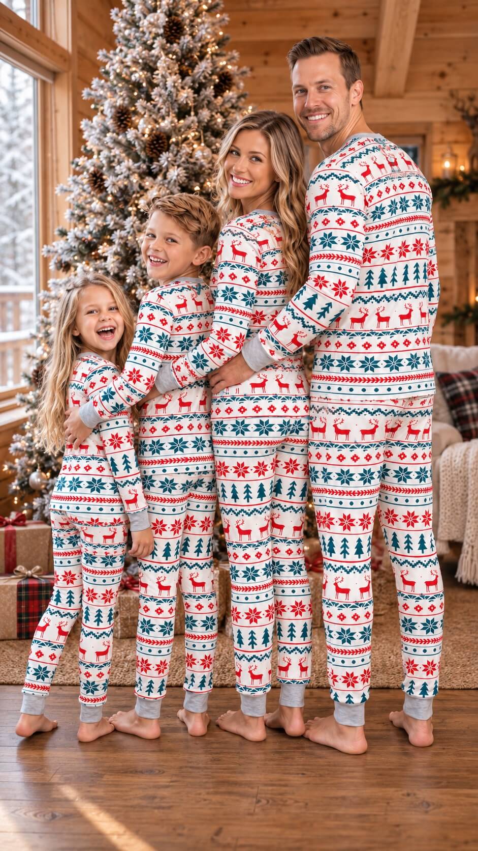 Family of four posing beside a Christmas tree in coordinating red, green and white long-sleeve pajama sets.