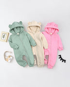 Sage green, ivory and pink baby rompers with bear-ear hoods