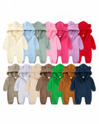 Bear-ear hooded baby rompers in a range of solid colors