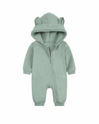 Sage green long-sleeve baby romper with a bear-ear hood