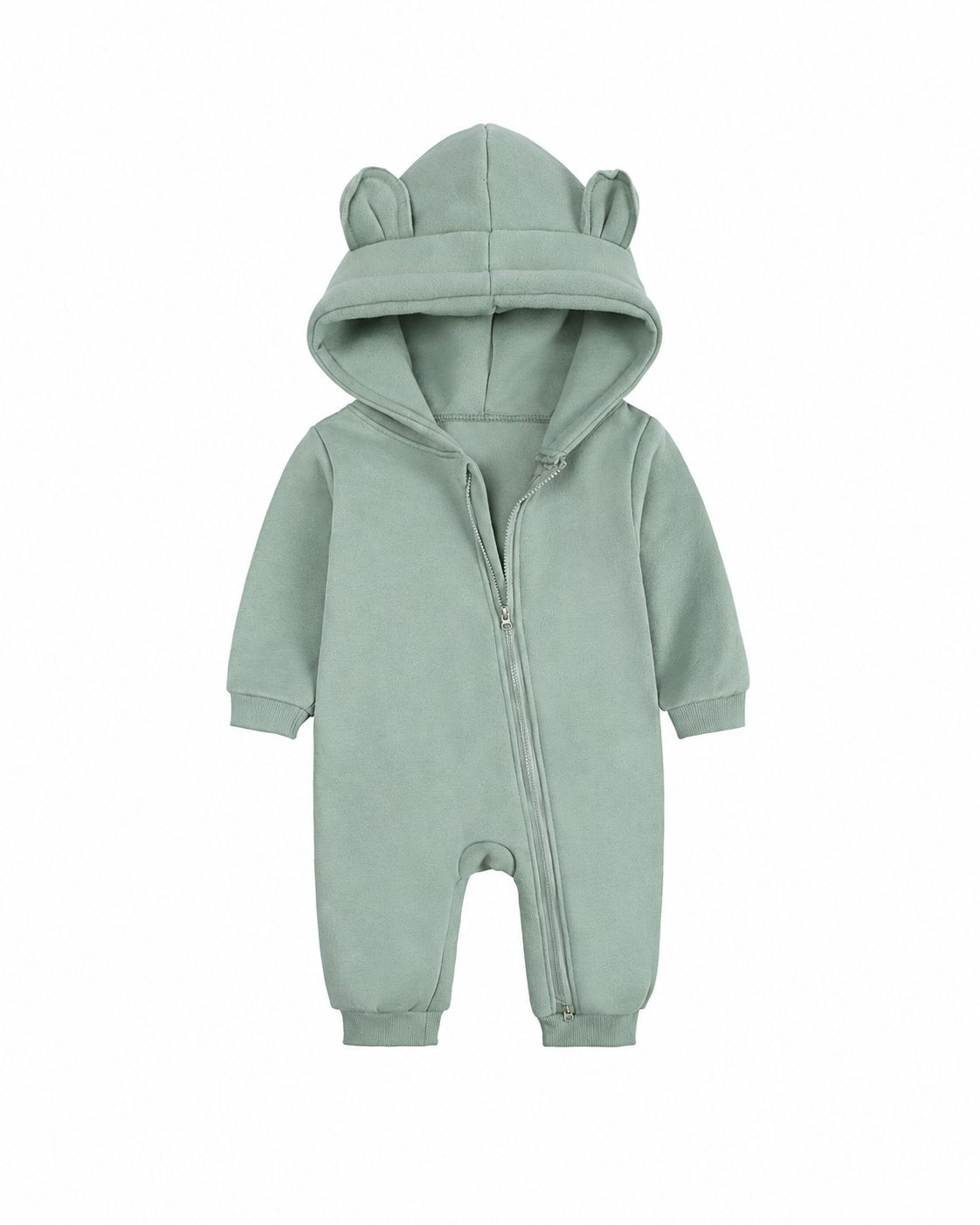 Sage green long-sleeve baby romper with a bear-ear hood