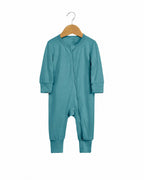 Teal footless long-sleeve baby romper with zipper