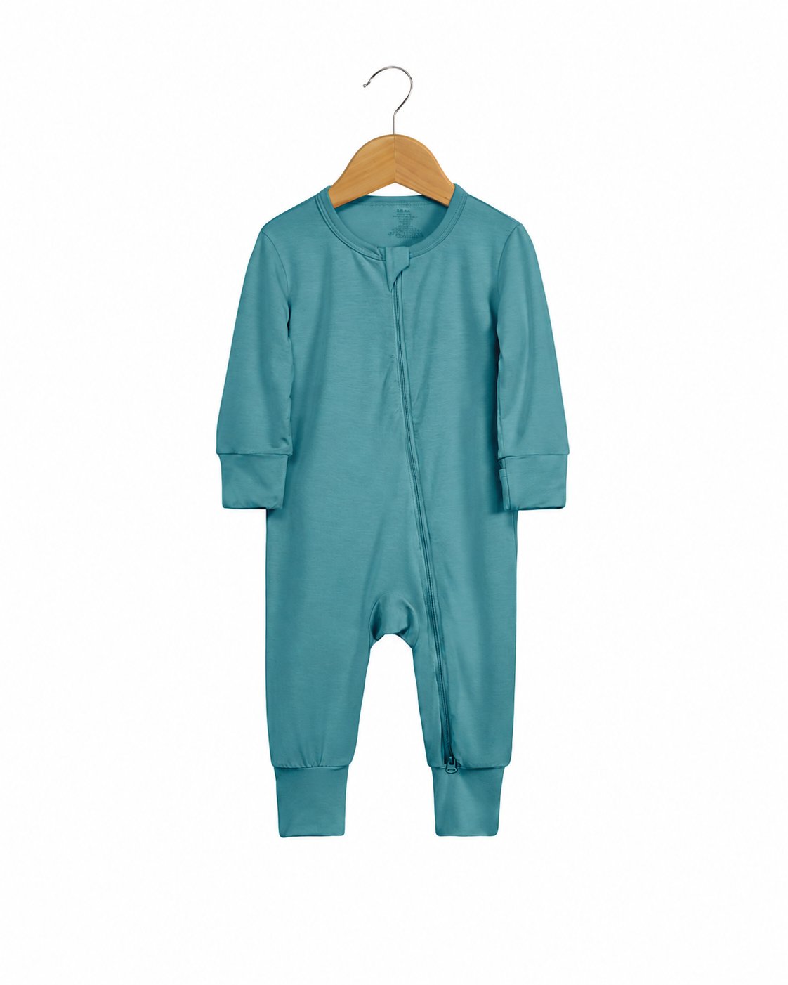 Teal footless long-sleeve baby romper with zipper