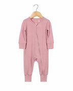 Dusty pink footless long-sleeve baby romper with zipper