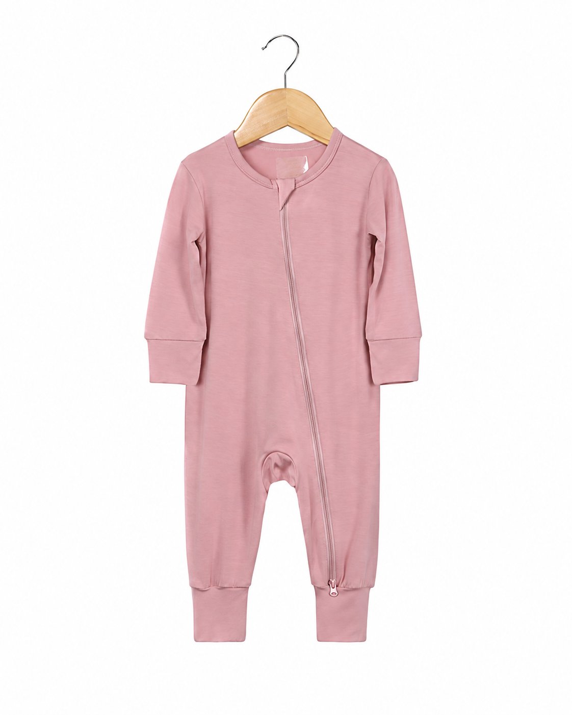 Dusty pink footless long-sleeve baby romper with zipper
