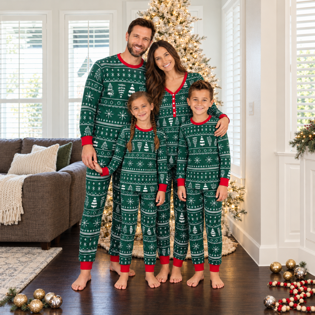 Pyjamas de Noël assortis pour la famille, motif Fair Isle vert avec bordure rouge - Vêtements pour chien disponibles