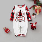 Infant baby one-piece Christmas pajama romper with bottom snap closure, red buffalo plaid raglan sleeves, and a Merry Christmas tree chest graphic.