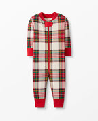 Infant one-piece pajama sleeper in cream red plaid with a full front zipper, protective neckline tab, and red ribbed cuffs.