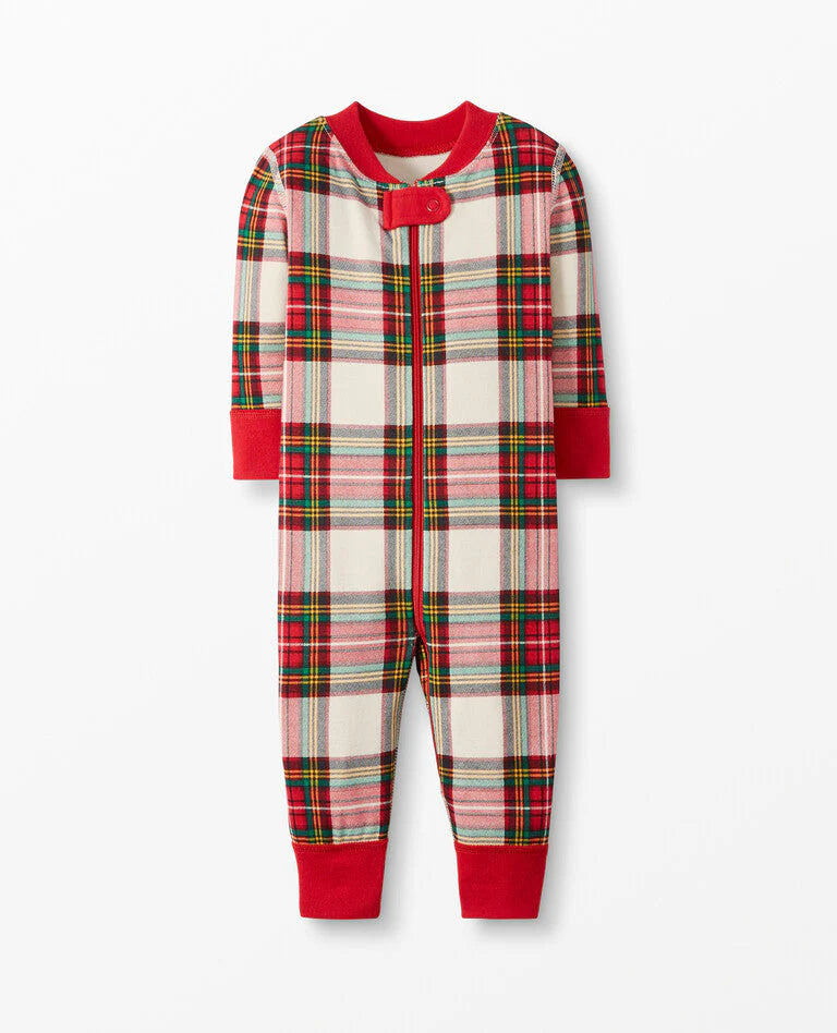 Infant one-piece pajama sleeper in cream red plaid with a full front zipper, protective neckline tab, and red ribbed cuffs.