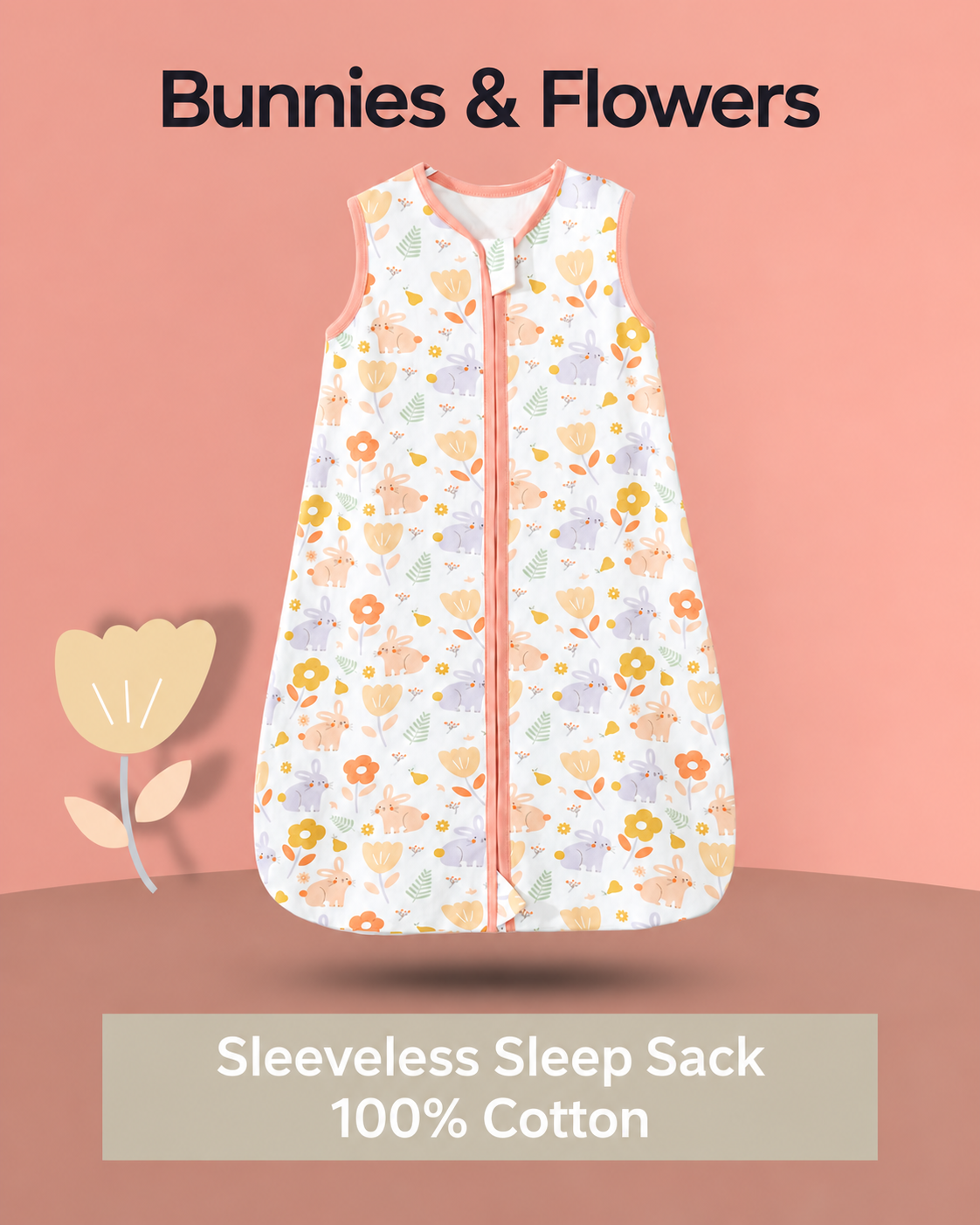 Sleeveless baby sleep sack featuring pastel bunnies and flowers with peach trim and a front zipper