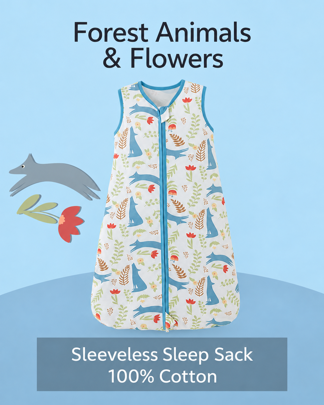 Sleeveless baby sleep sack featuring blue forest animals and colorful flowers with blue trim and a front zipper