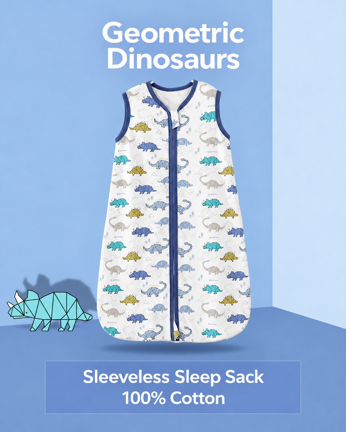 Sleeveless baby sleep sack featuring geometric dinosaurs in blue, teal and yellow with navy trim and a front zipper