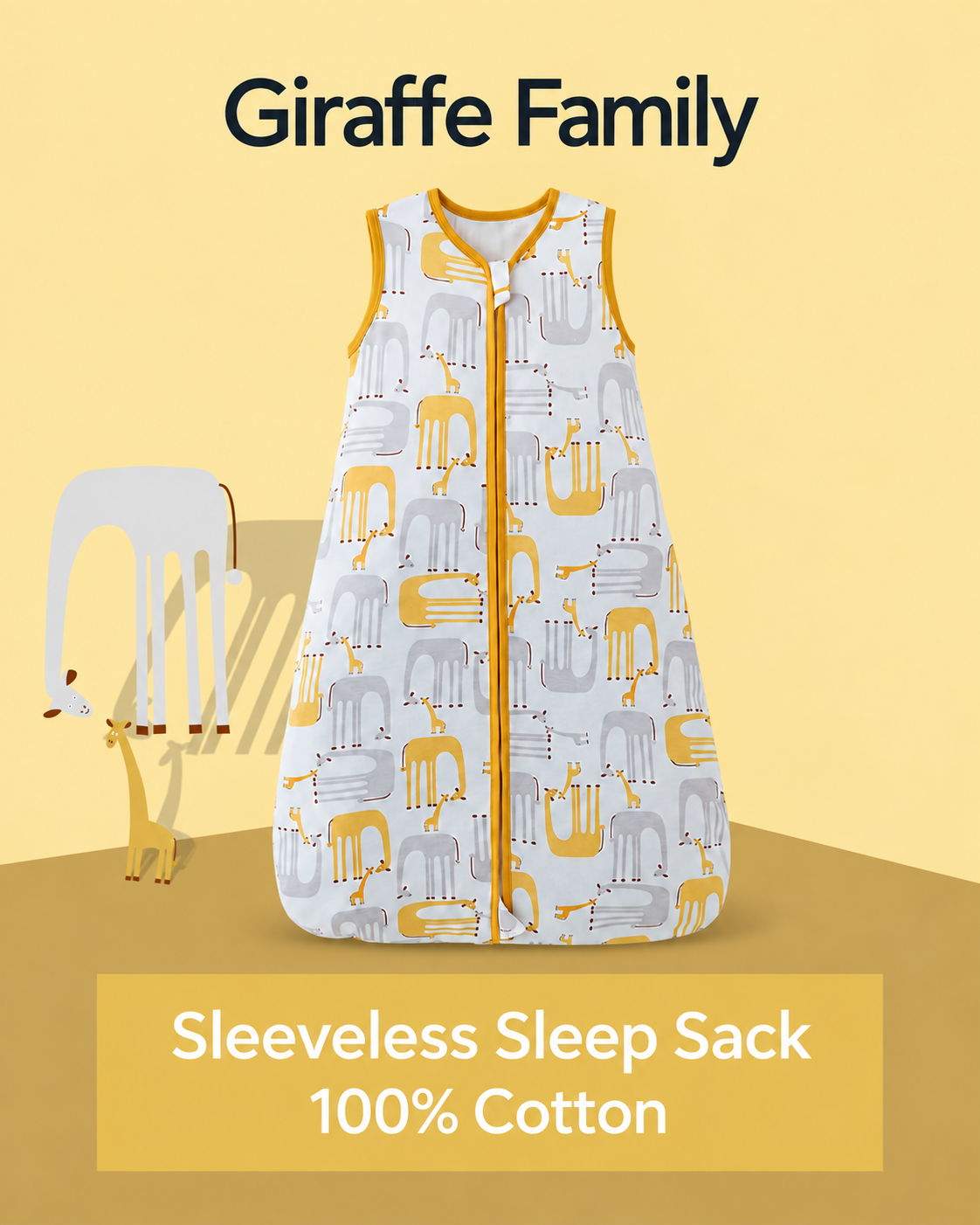 Sleeveless baby sleep sack featuring parent and baby giraffes in yellow and gray with yellow trim and a front zipper