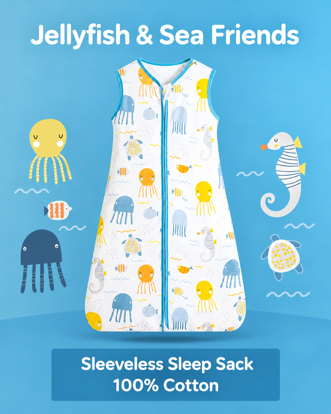 Sleeveless baby sleep sack featuring jellyfish, fish, turtles and seahorses with blue trim and a front zipper