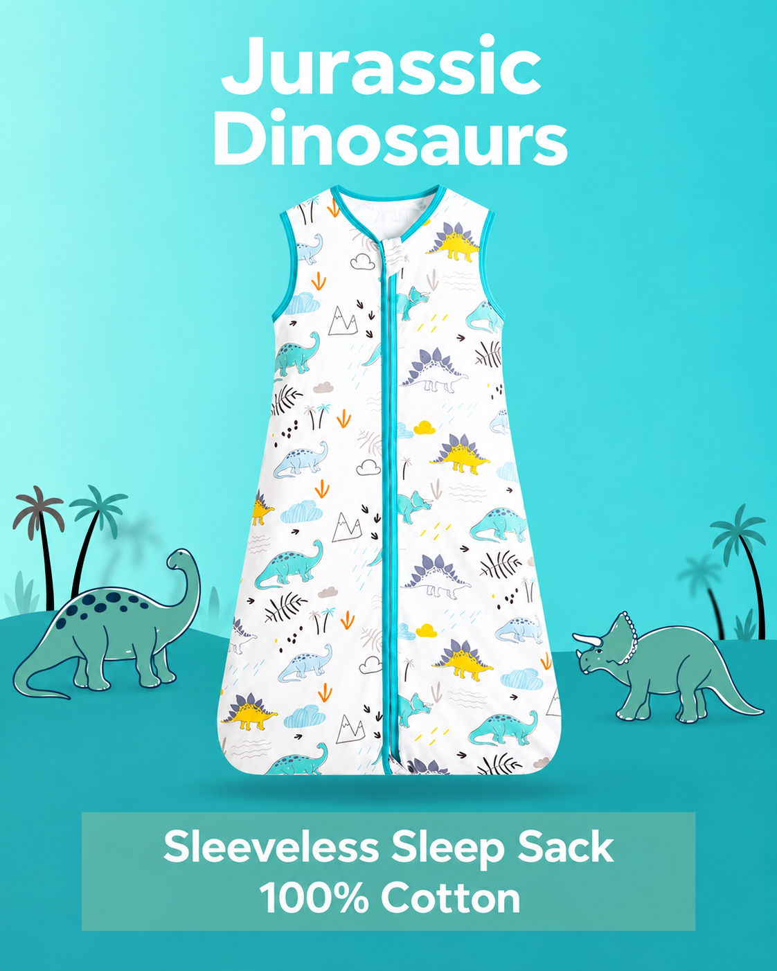 Sleeveless baby sleep sack featuring colorful dinosaurs with turquoise trim and a front zipper