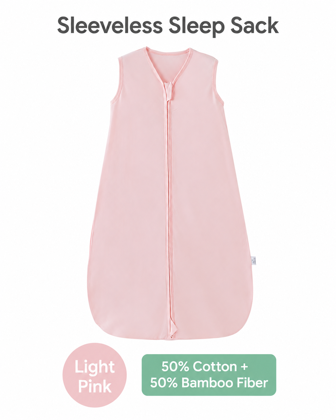 Sleeveless baby sleep sack featuring a solid light pink finish and a front zipper