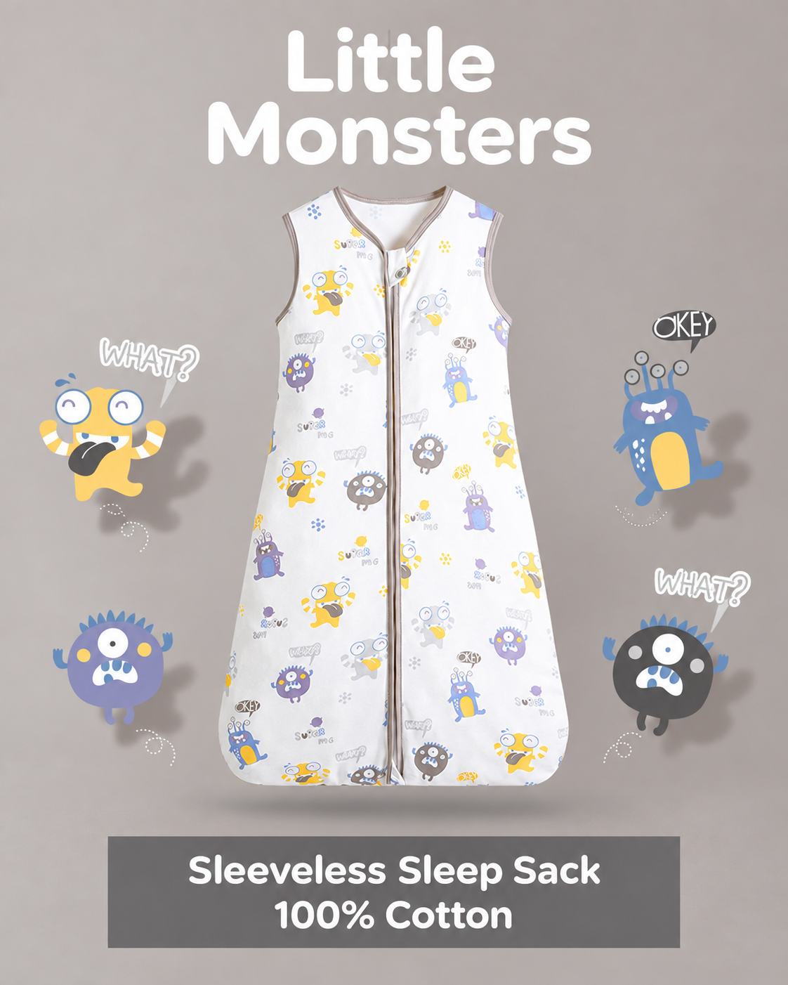 Sleeveless baby sleep sack featuring yellow, purple and gray cartoon monsters with gray trim and a front zipper