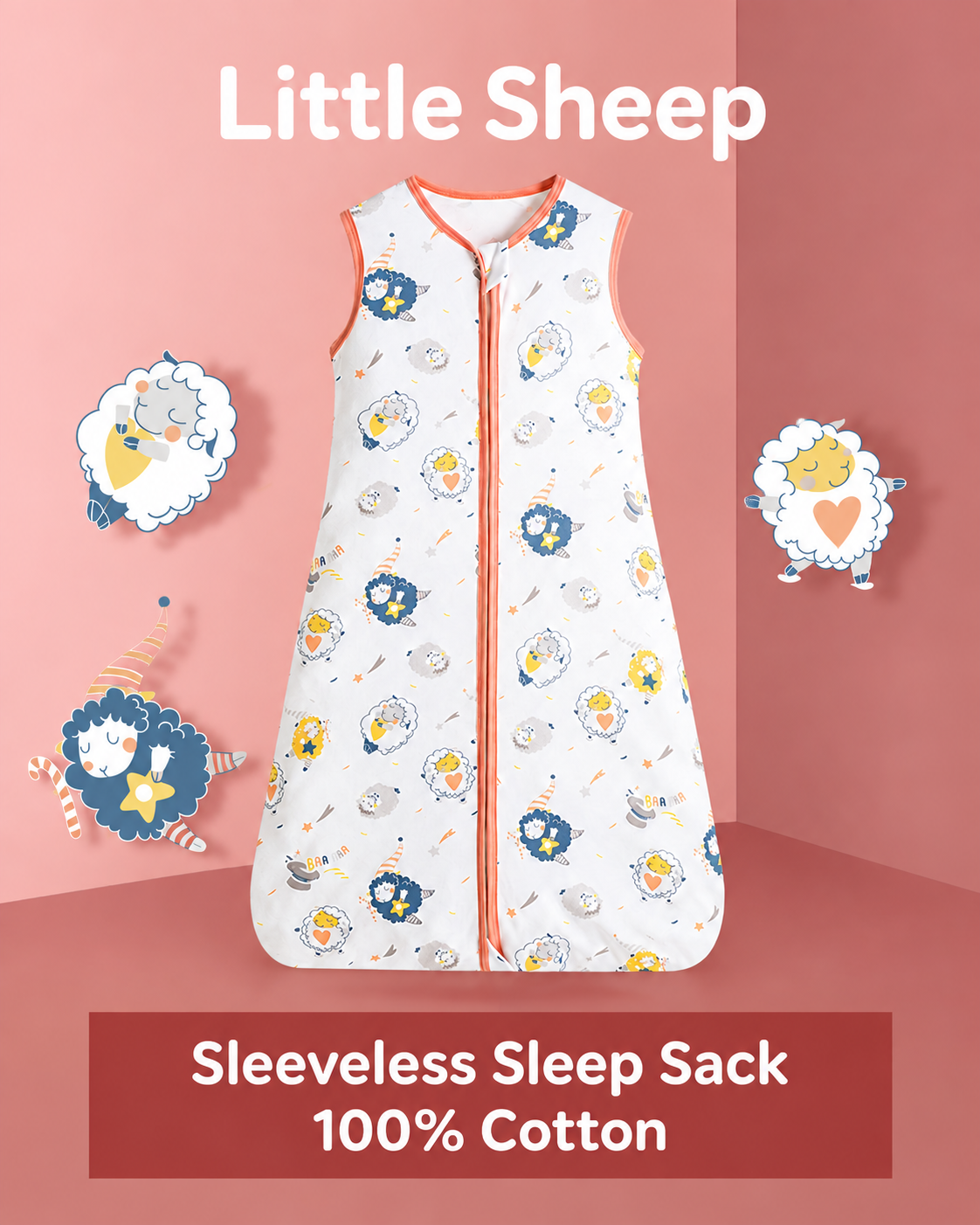 Sleeveless baby sleep sack featuring cartoon sheep with coral trim and a front zipper