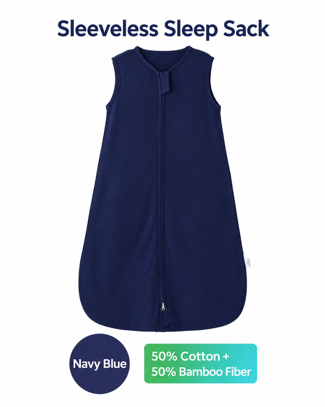 Sleeveless baby sleep sack featuring a solid navy blue finish and a front zipper