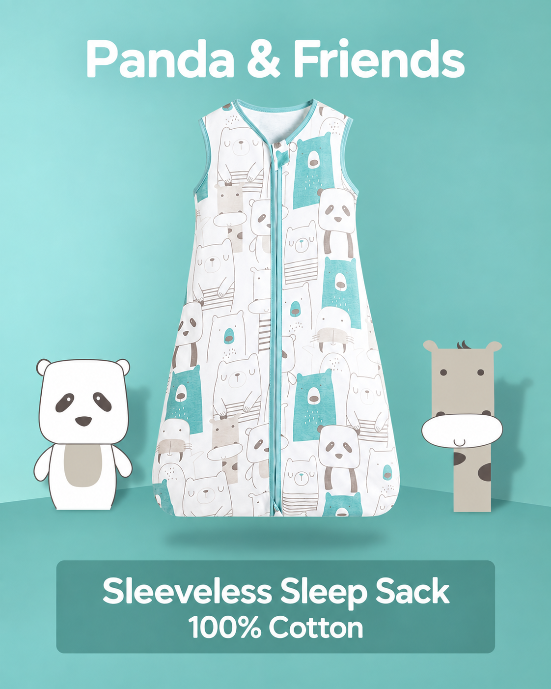 Sleeveless baby sleep sack featuring pandas and other animal characters with pale teal trim and a front zipper