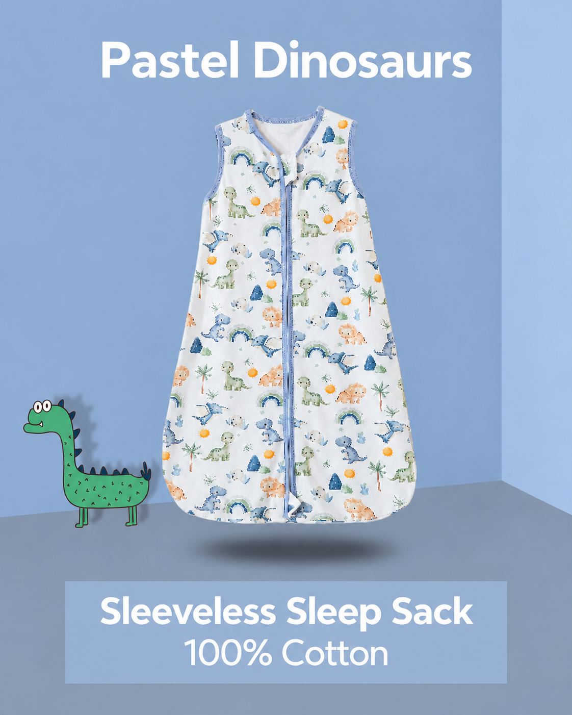 Sleeveless baby sleep sack featuring pastel dinosaurs and rainbows with blue trim and a front zipper