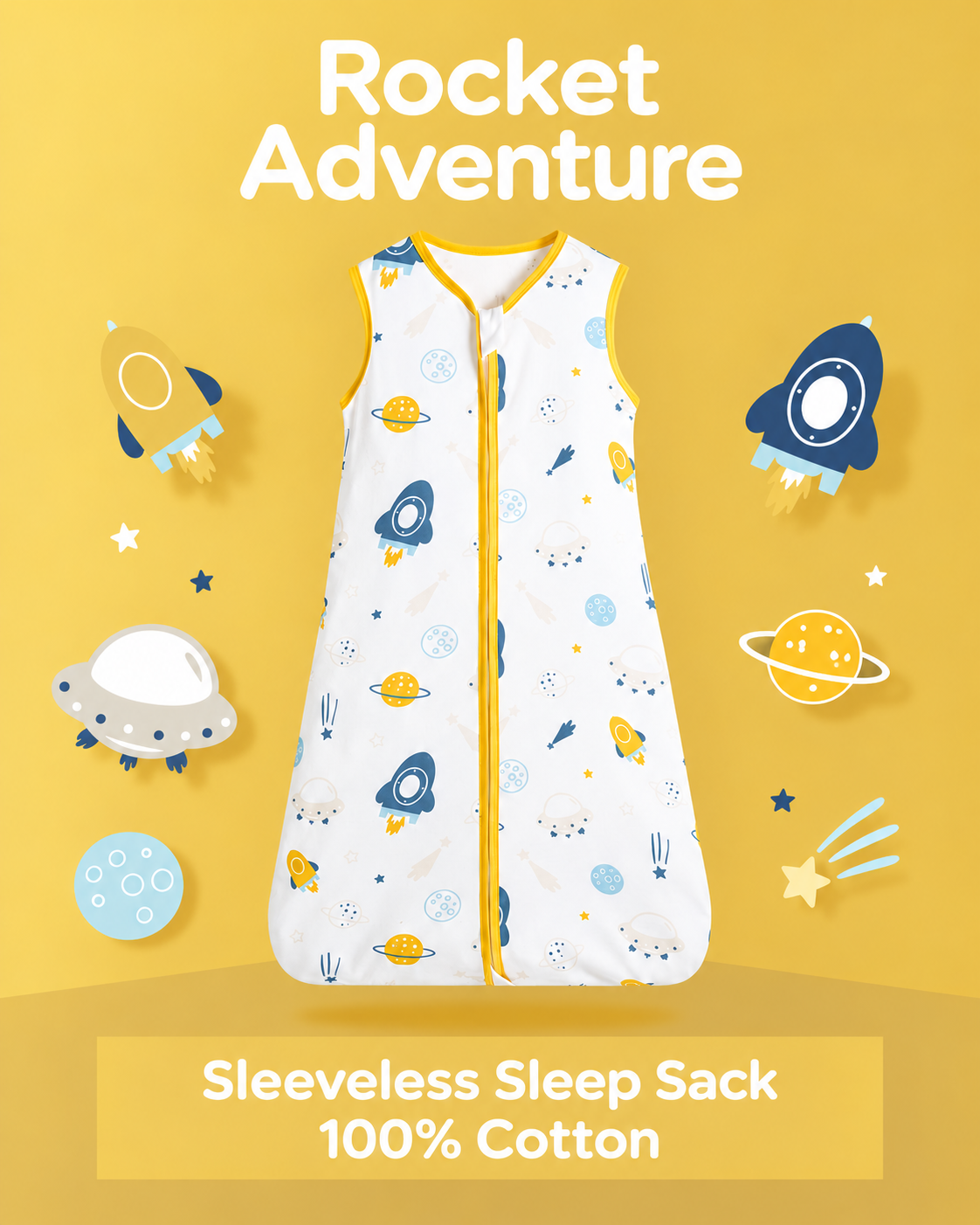 Sleeveless baby sleep sack featuring blue and yellow rockets and planets with yellow trim and a front zipper