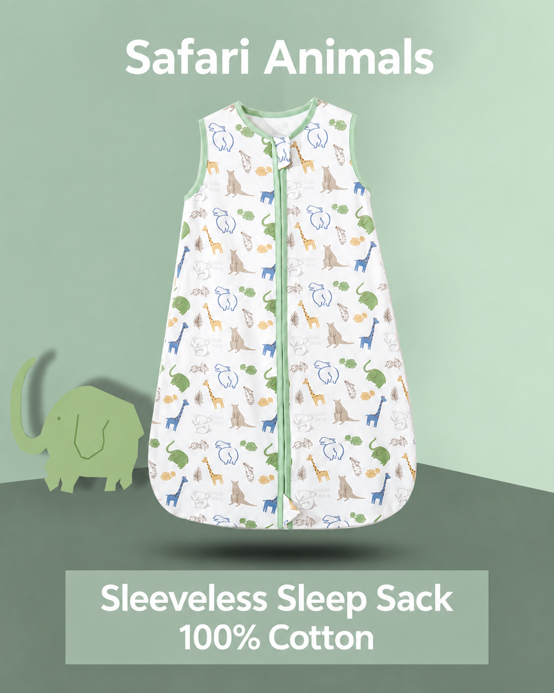 Sleeveless baby sleep sack featuring elephants, giraffes, kangaroos and other animals with green trim and a front zipper
