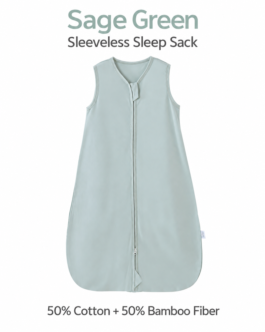 Sleeveless baby sleep sack featuring a solid pale sage green finish and a front zipper