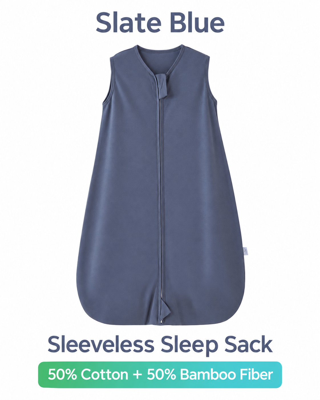 Sleeveless baby sleep sack featuring a solid slate blue finish and a front zipper