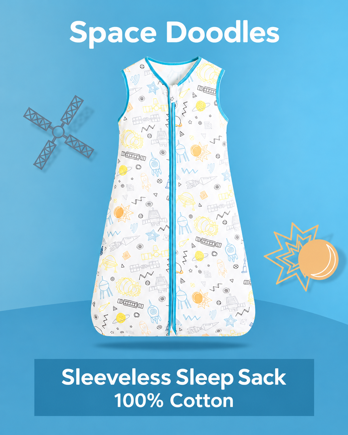 Sleeveless baby sleep sack featuring blue and yellow space doodles with turquoise trim and a front zipper