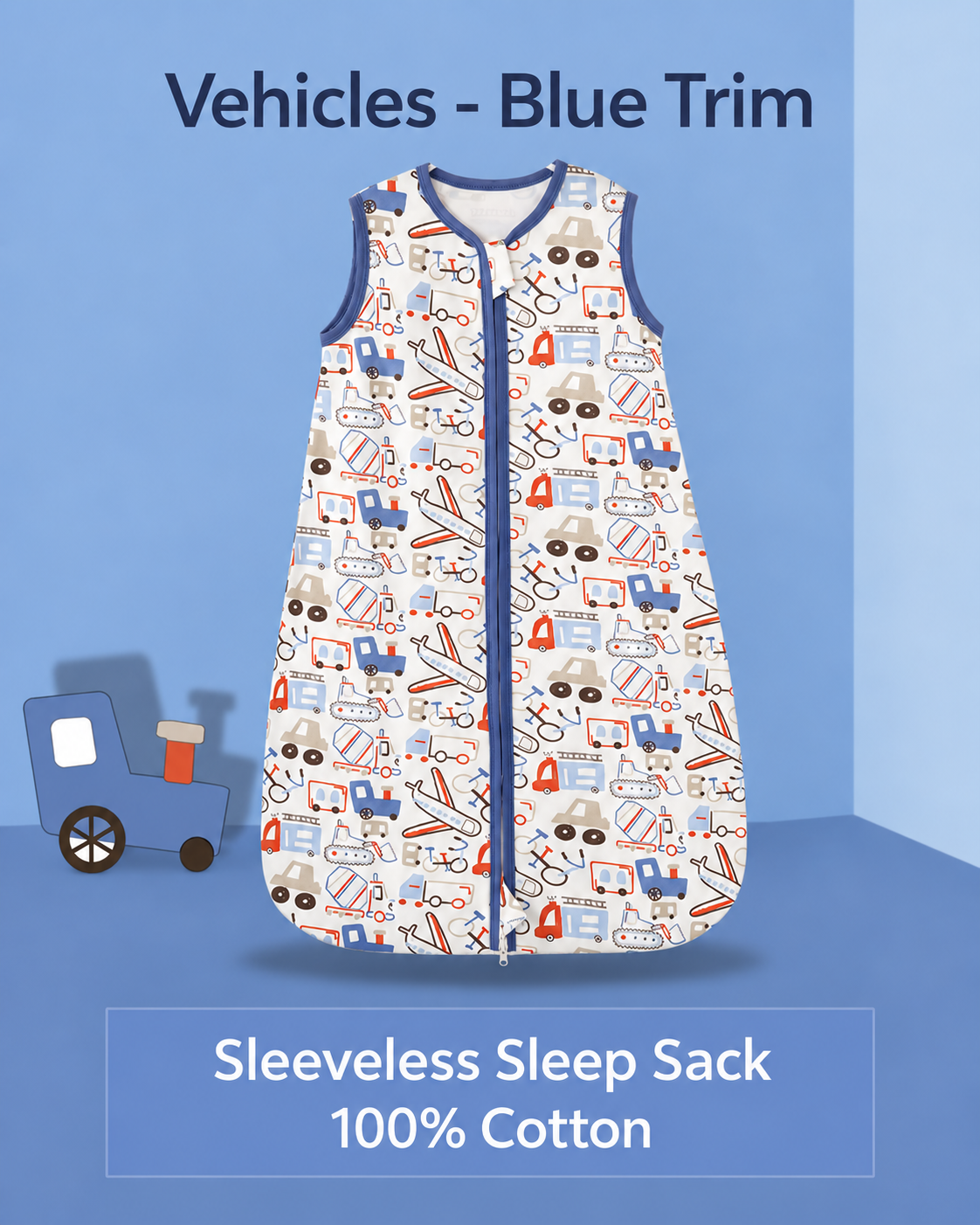 Sleeveless baby sleep sack featuring vehicles in blue, orange and brown with navy trim and a front zipper