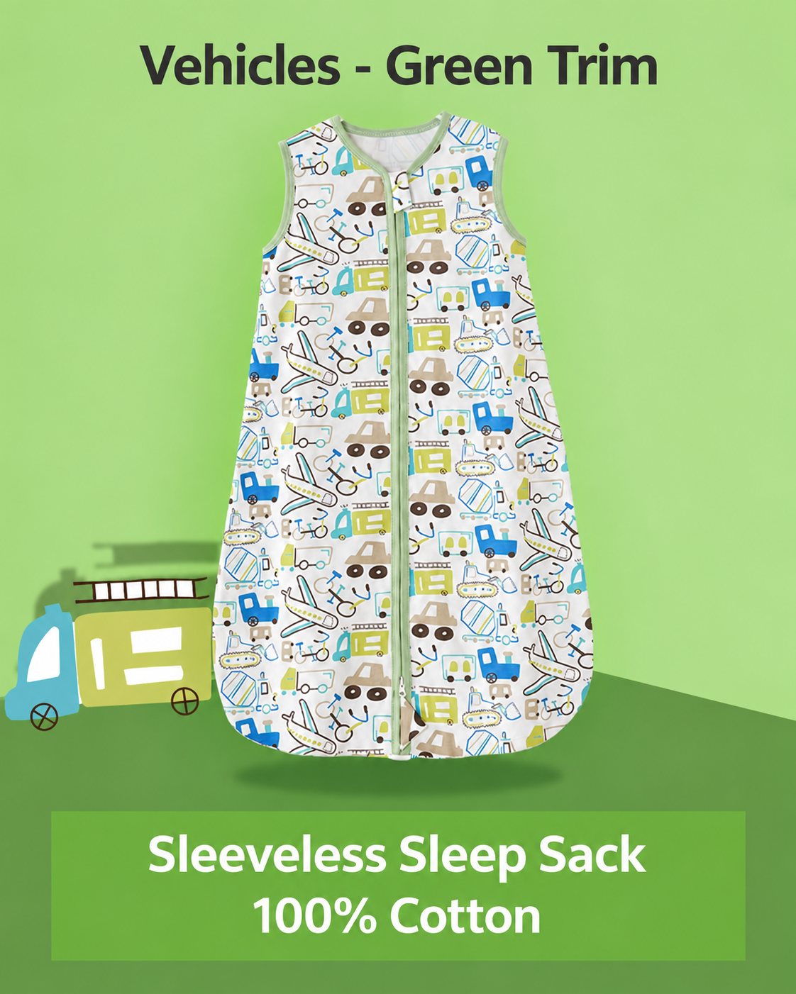 Sleeveless baby sleep sack featuring vehicles in blue, green and brown with green trim and a front zipper