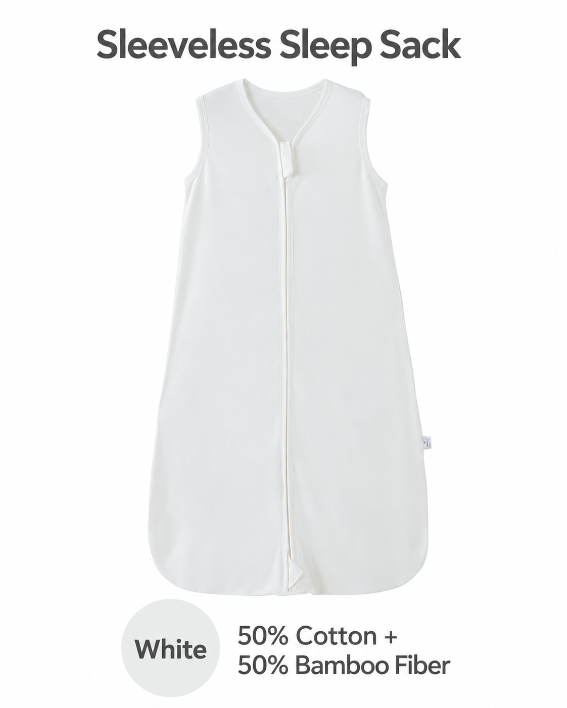 Sleeveless baby sleep sack featuring a solid white finish and a front zipper