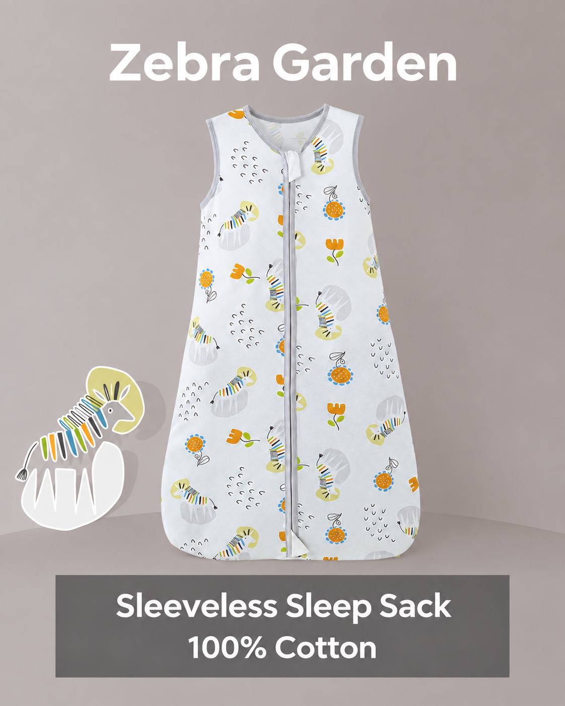 Sleeveless baby sleep sack featuring zebras and flowers with gray trim and a front zipper