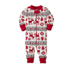 Front view product shot of a baby zippered long-sleeve onesie featuring red reindeer and snowflake Fair Isle pattern with red cuffs.