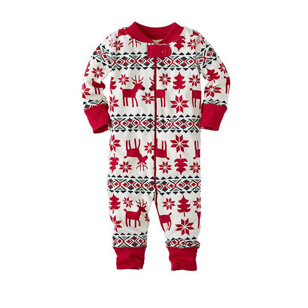 Front view product shot of a baby zippered long-sleeve onesie featuring red reindeer and snowflake Fair Isle pattern with red cuffs.