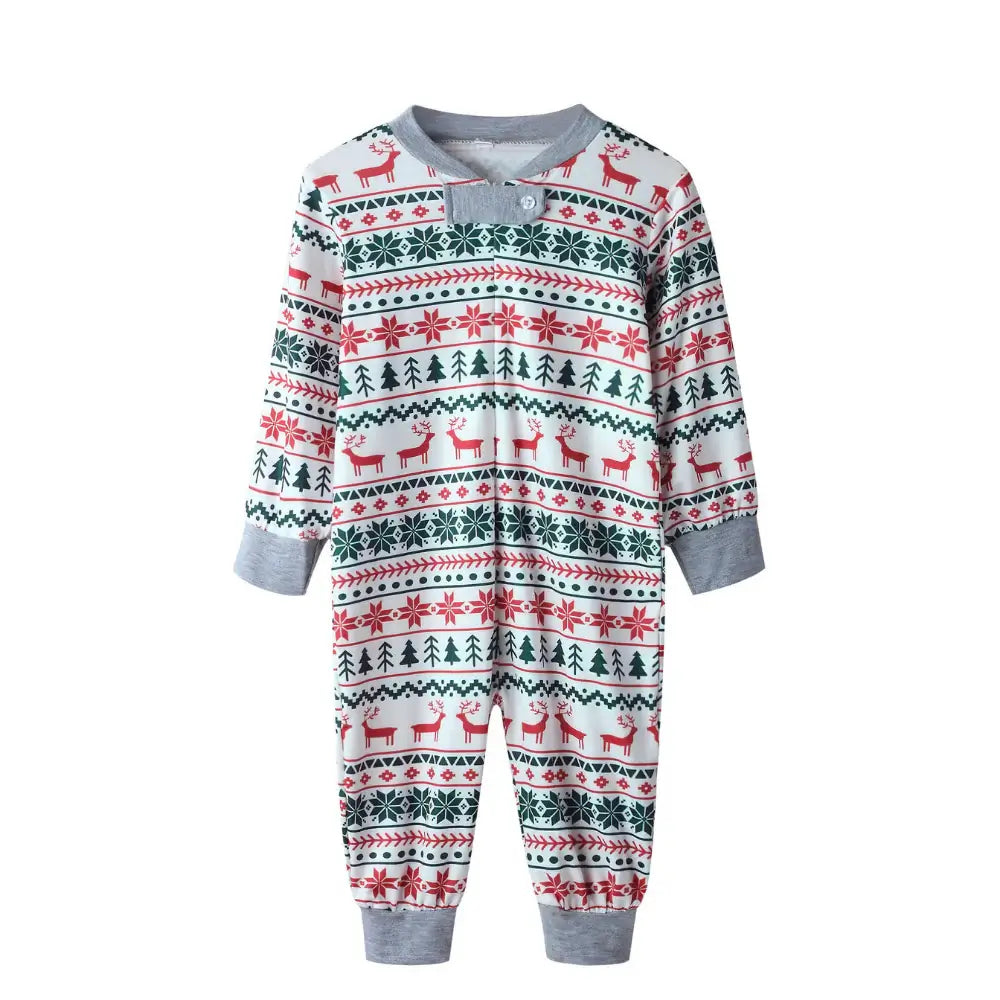 Product shot on white background of a baby long-sleeve zippered onesie in white with red and green Fair Isle reindeer pattern and grey trim.