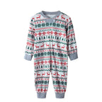 Product shot on white background of a baby long-sleeve zippered onesie in white with red and green Fair Isle reindeer pattern and grey trim.