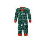 Product shot on white background of a baby zippered long-sleeve onesie in dark green with white Christmas tree and snowflake Fair Isle pattern and red cuffs.